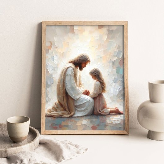 Jezus en klein meisje biddend, moderne christelijk poster