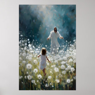 Jezus en klein meisje in paardenbloemveld poster