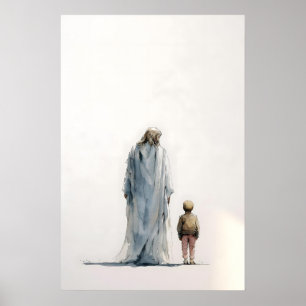 Jezus en kleine jongen – contemplatief aquarel poster