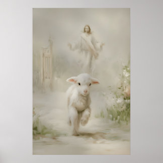 Jezus en Lam Waterverfprint Goede Herder Poster