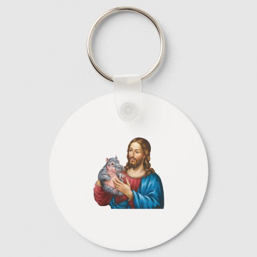 Jezus en Moo Deng ontmoeten Hippo T Sleutelhanger (Voorkant)