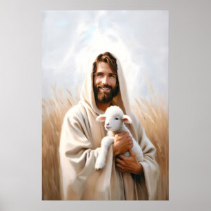 Jezus en schapen De goede herder Jezus en lam Poster