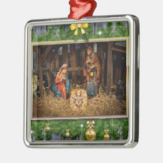 Jezus geboren manger metalen ornament (Links)