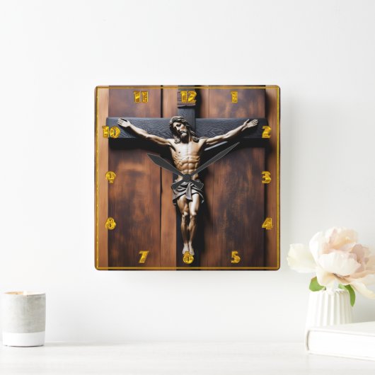 Jezus gekruisigd op een houten kruis vierkante klok (Huis)