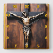 Jezus gekruisigd op een houten kruis vierkante klok (Voorkant)
