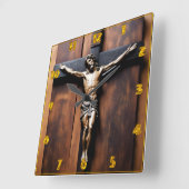 Jezus gekruisigd op een houten kruis vierkante klok (Hoek)