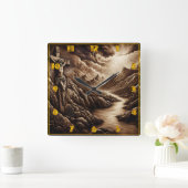 Jezus gekruisigd over berglandschap bij zonsonderg vierkante klok (Huis)