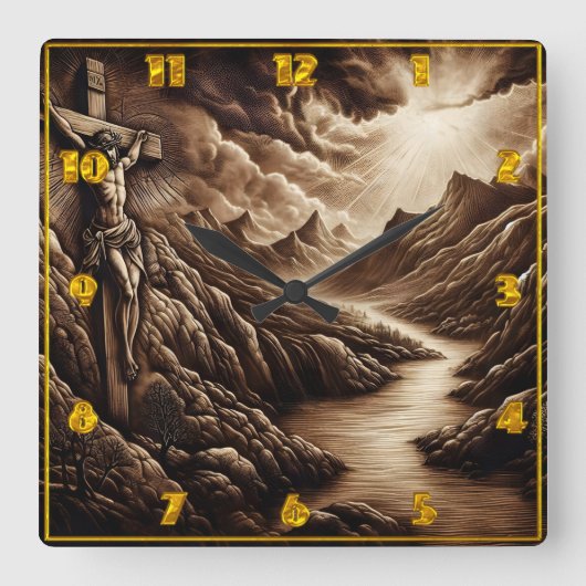 Jezus gekruisigd over berglandschap bij zonsonderg vierkante klok (Voorkant)