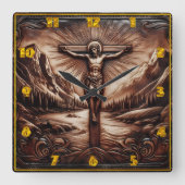 Jezus gekruisigd te midden van majestueuze bergen vierkante klok (Voorkant)