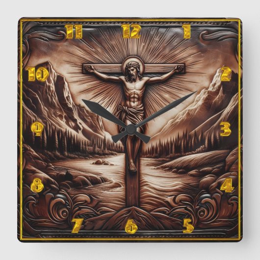 Jezus gekruisigd te midden van majestueuze bergen vierkante klok (Voorkant)