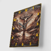 Jezus gekruisigd te midden van majestueuze bergen vierkante klok (Hoek)