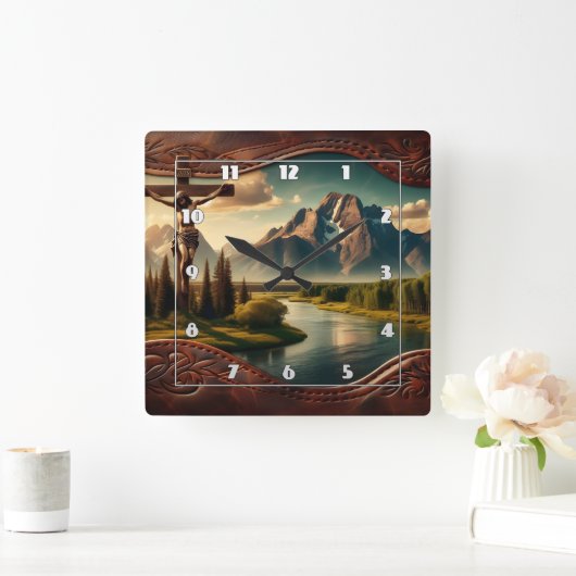 Jezus gekruisigd voor de majestueuze bergen vierkante klok (Huis)