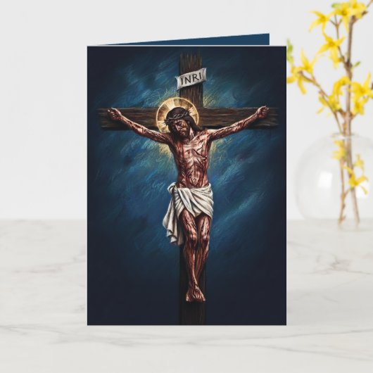 Jezus Gekruisigde Gezegende Pasen Kaart Blauw (Gele Bloem)