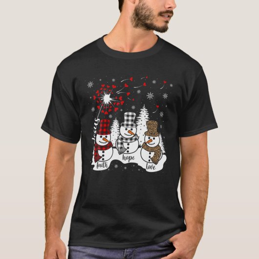 Jezus Geloof Hoop Liefde Sneeuwman Kerstmis Grappi T-shirt (Voorkant)