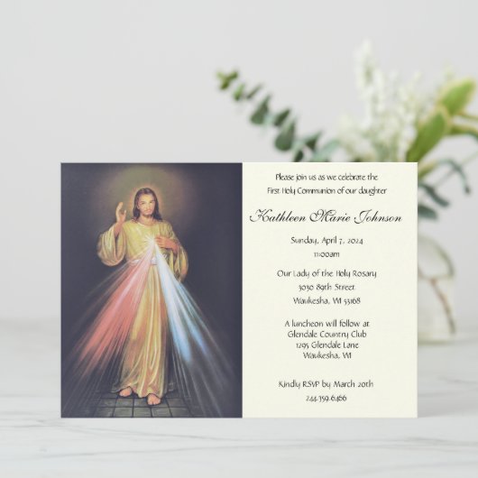 Jezus Goddelijke Barmhartigheid Eerste Heilige Com Kaart (Staand voorkant)