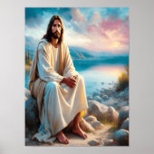 Jezus Goddelijke Vrede naast zonsondergang wateren Poster (Voorkant)