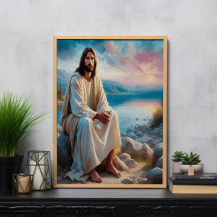 Jezus Goddelijke Vrede naast zonsondergang wateren Poster