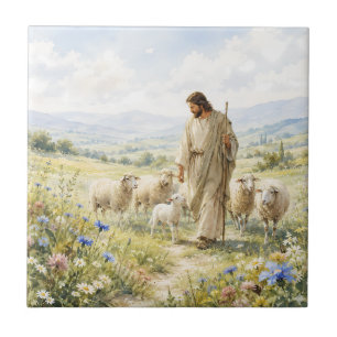 Jezus Goede Herder Wildbloem Aquarel Tegeltje