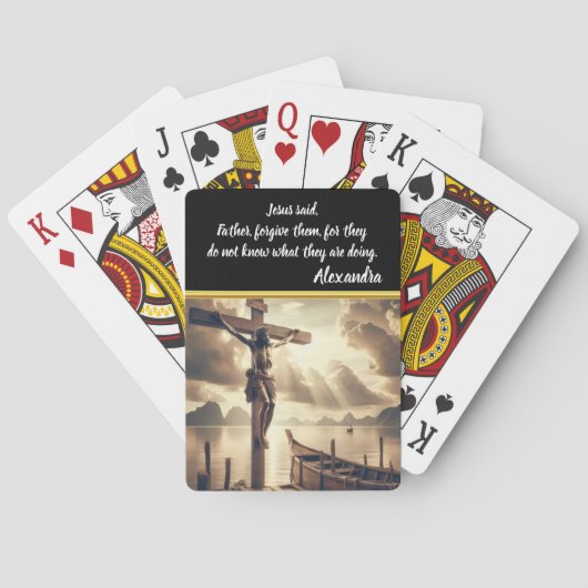 Jezus hangt aan het kruis boven een meer pokerkaarten (Achterkant)