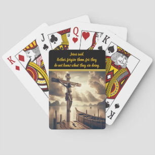 Jezus hangt aan het kruis boven een meer pokerkaarten