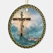 Jezus hangt van een Christelijk kruisbeeld. Keramisch Ornament (Links)