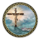 Jezus hangt van een Christelijk kruisbeeld. Keramische Knop (Voorkant)