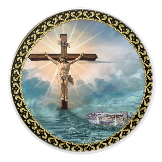 Jezus hangt van een Christelijk kruisbeeld. Keramische Knop (Voorkant)