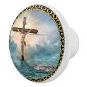 Jezus hangt van een Christelijk kruisbeeld. Keramische Knop (Rechts)