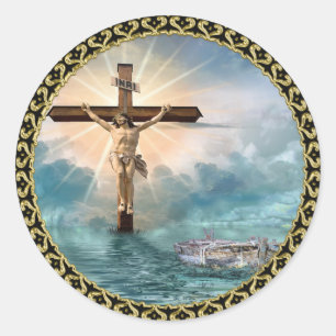 Jezus hangt van een Christelijk kruisbeeld. Ronde Sticker