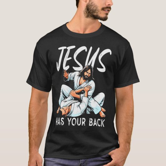 Jezus heeft je rug BJJ Jiu Jitsu Christelijke Reli T-shirt (Voorkant)