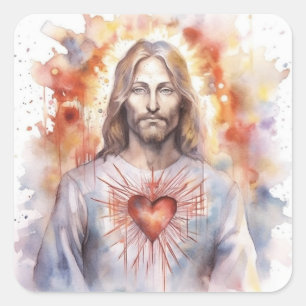 Jezus heilige hart waterverf vierkante sticker