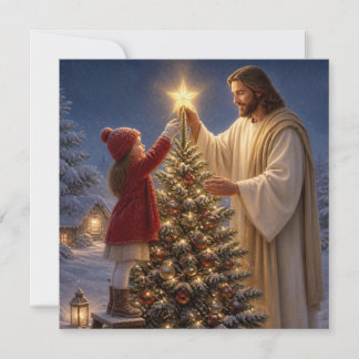 Jezus helpt klein meisje kerstboom versieren feestdagenkaart