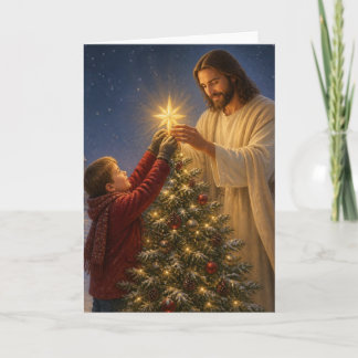 Jezus helpt kleine jongen kerstboom te versieren feestdagen kaart