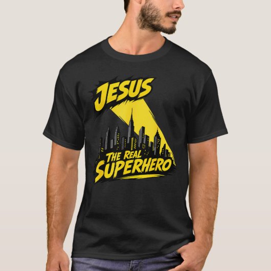 Jezus Het Echte Superheld Stadslandschap T-shirt (Voorkant)