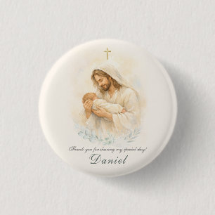 Jezus houdt baby doop save the date magneet ronde button 3,2 cm