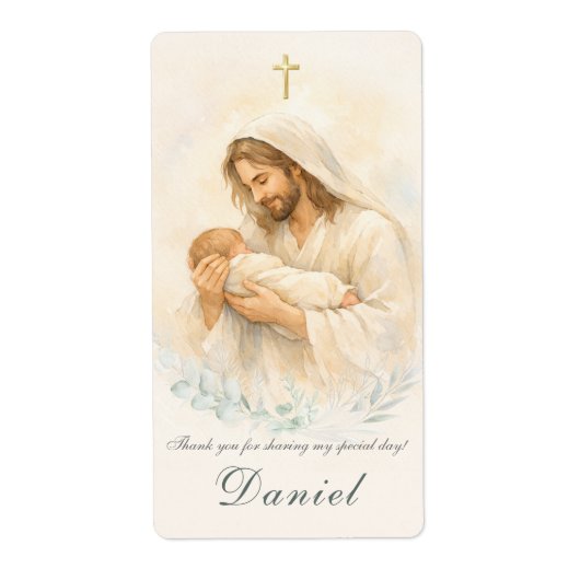 Jezus houdt babysdoop retouradreslabel etiket (Voorkant)