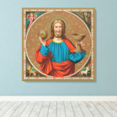 Jezus houdt de Eucharist vast (SNV 050) Canvas Afdruk (Insitu (Houten vloer))
