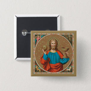 Jezus houdt de Eucharistie omhoog (SNV 050) Vierkante Button 5,1 Cm