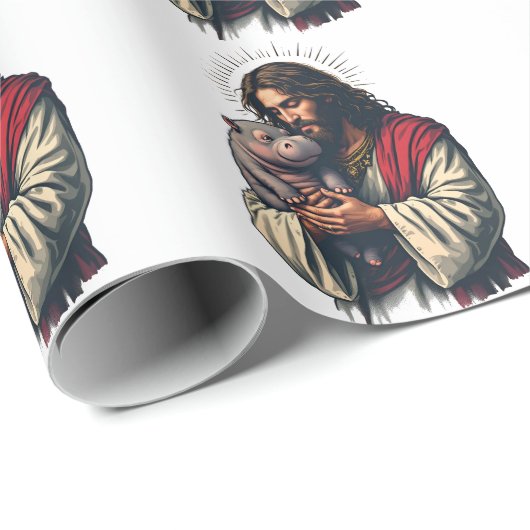 Jezus houdt een Baby Moo Deng Hippo vast Cadeaupapier (Rol Hoek)