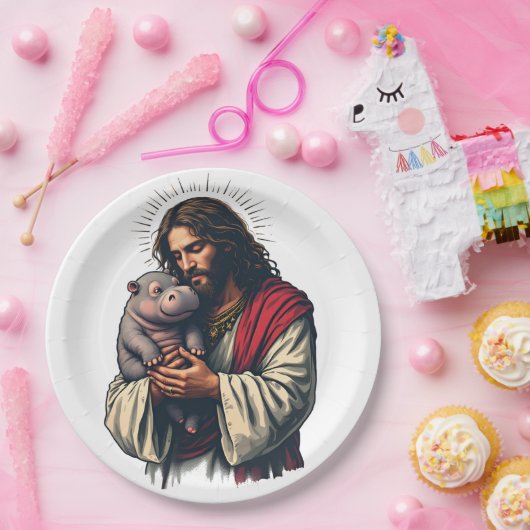 Jezus houdt een Baby Moo Deng Hippo vast Papieren Bordje (Feest)