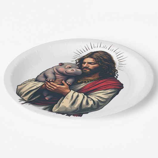 Jezus houdt een Baby Moo Deng Hippo vast Papieren Bordje (Gekanteld)
