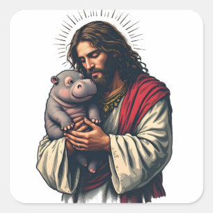 Jezus houdt een Baby Moo Deng Hippo vast Vierkante Sticker