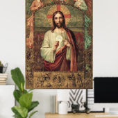 Jezus houdt Eucharist Host bij Angels boven Poster (Thuiskantoor)