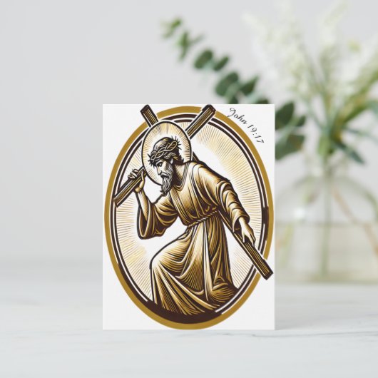 Jezus houdt gouden kruis eerbiedig briefkaart (Staand voorkant)