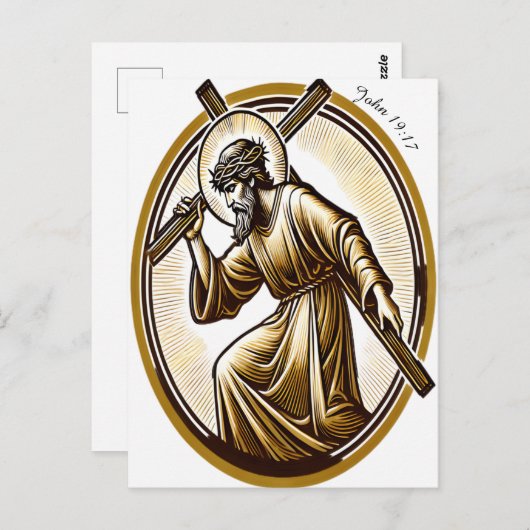 Jezus houdt gouden kruis eerbiedig briefkaart (Voorkant / Achterkant)