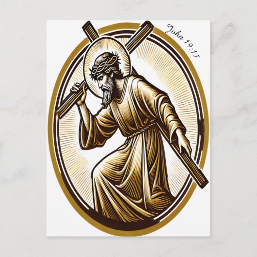 Jezus houdt gouden kruis eerbiedig briefkaart (Voorkant)