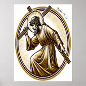 Jezus houdt gouden kruis eerbiedig poster (Voorkant)