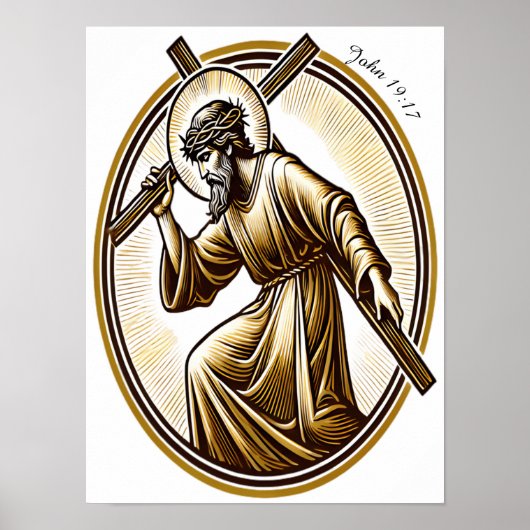 Jezus houdt gouden kruis eerbiedig poster (Voorkant)