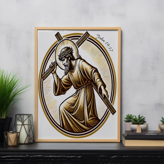 Jezus houdt gouden kruis eerbiedig poster