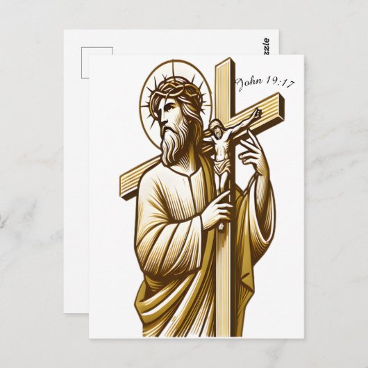 Jezus houdt gouden kruis in devotie briefkaart (Voorkant / Achterkant)